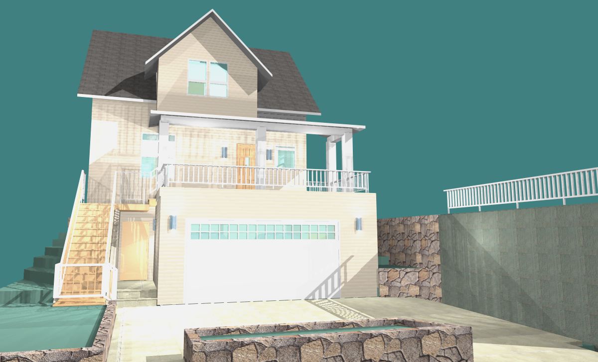 ArchiCAD rendering of the moved house on a new ground level structure.